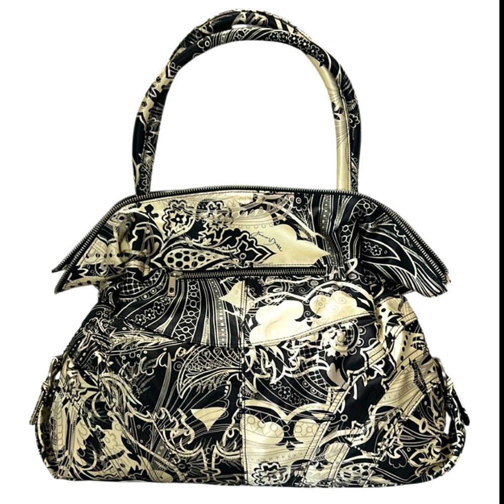 Junior Drake Womens Large Shoulder Bag Boho Artsy Silky Cream Black Designer